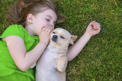 Little girl laying with dog